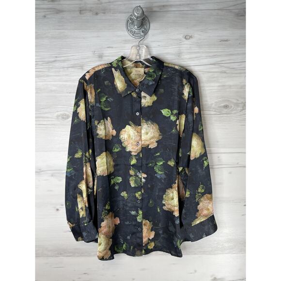 Elie Tahari Shirt Womens 1X Black Floral Button Front Long Sleeve Blouse Plus - Picture 1 of 10